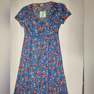 Umgee USA Blue Floral Print Midi Dress V Neck‎ Short Sleeve Womens Medium